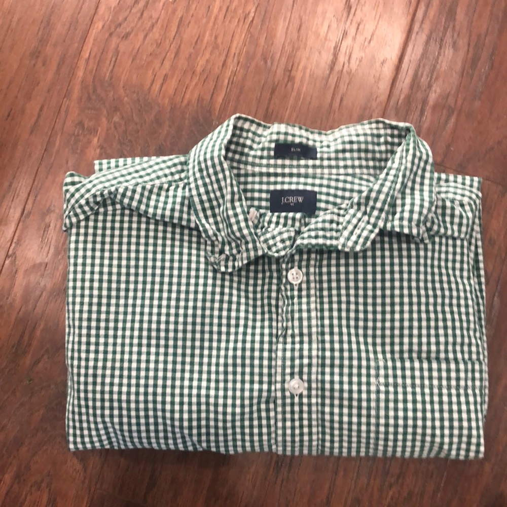 J Crew slim medium gingham green shirt.